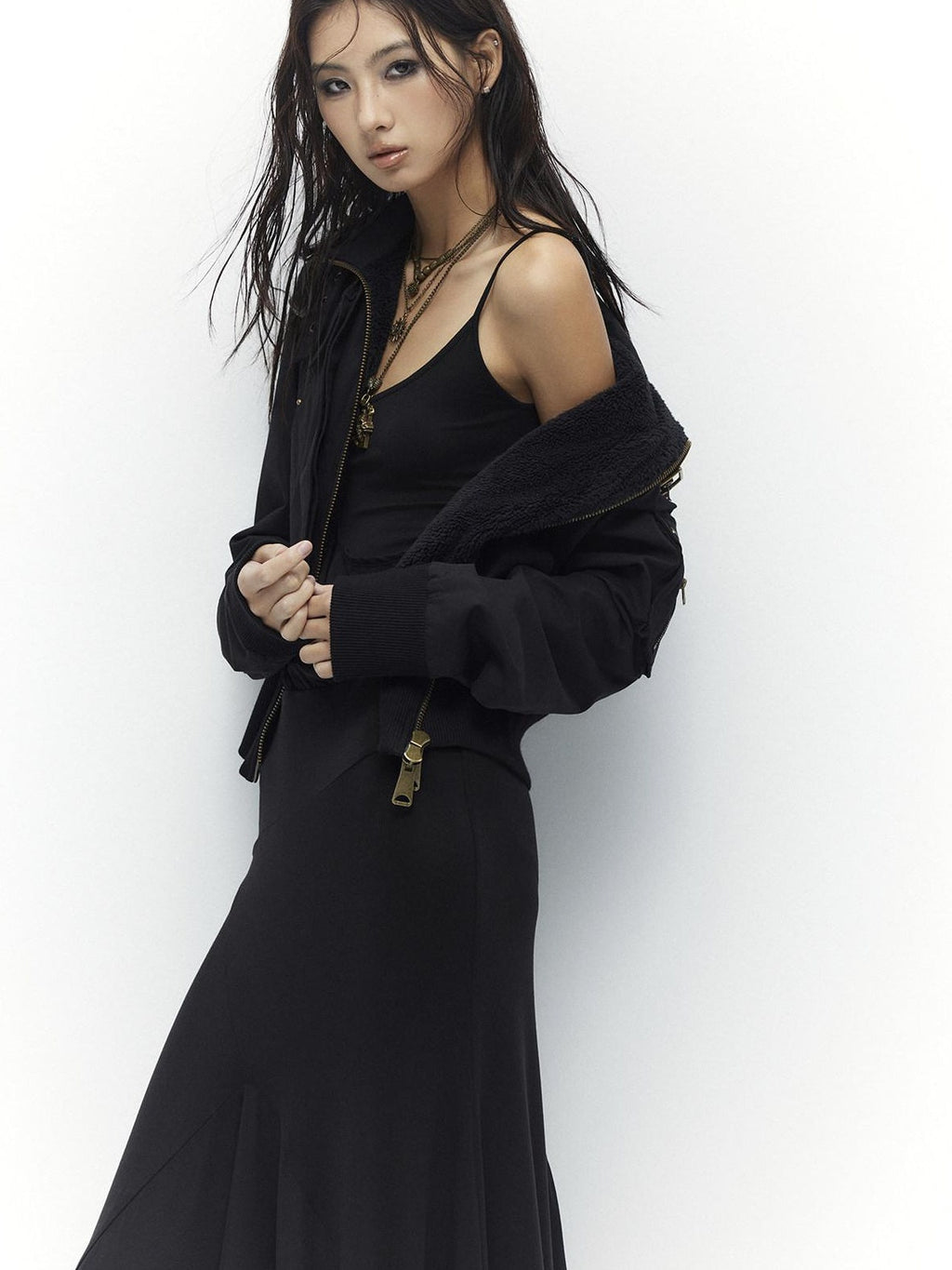 Slim Waist Dark Gothic Cotton Zip Stand Collar Long Sleeve Women Cropped Jackets