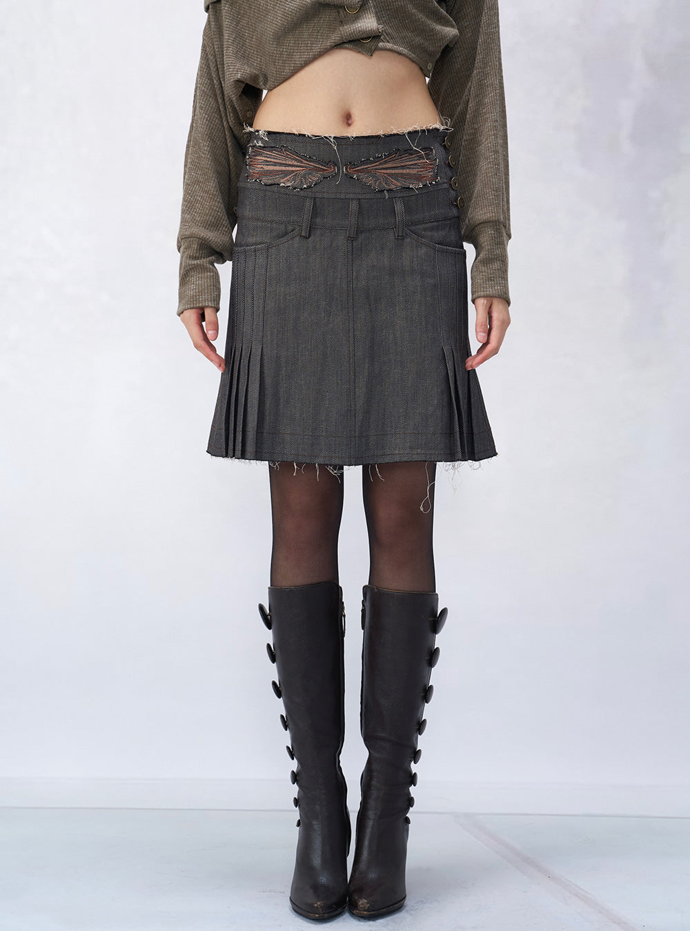 Washed Detail Pleated Midi Skirt