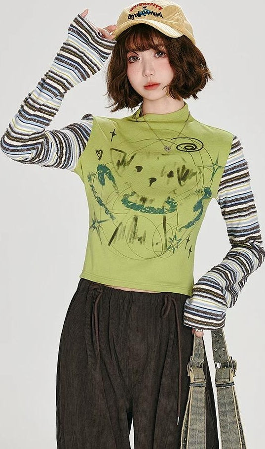 Girlyhalo |  RETRO STRIPED LONG-SLEEVE TOP【ID:TN00007】