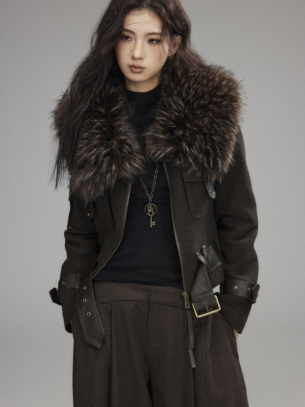 Thick Wool Blend Slim Fit Sexy Lapel Zipper Brown Everyday Women Cropped Jackets