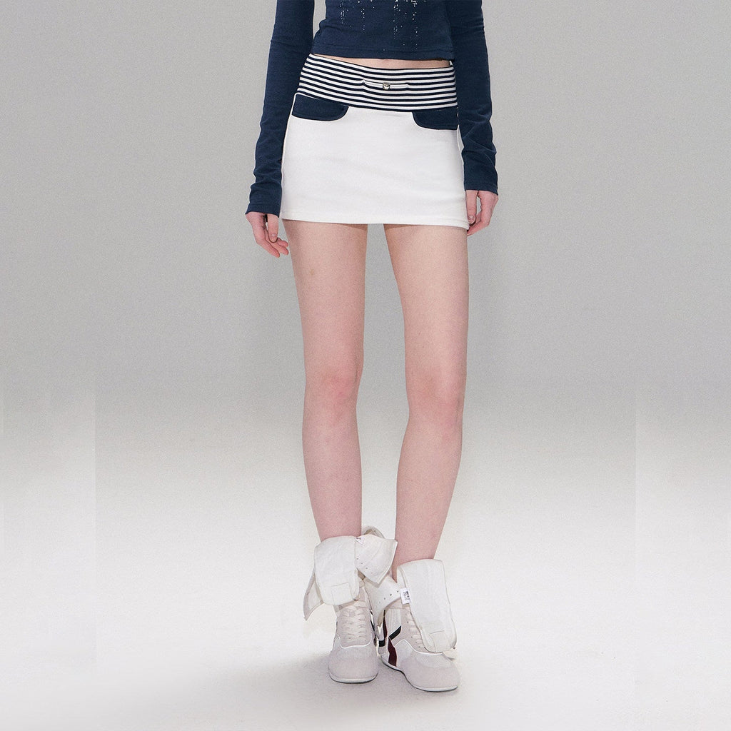 Contrast Printed Cotton Mid Waist Straight Bodycon Women White Mini Skirts