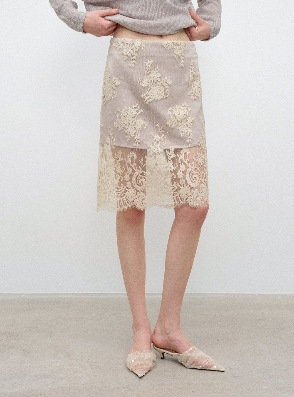 Champagne Lace Midi Skirt