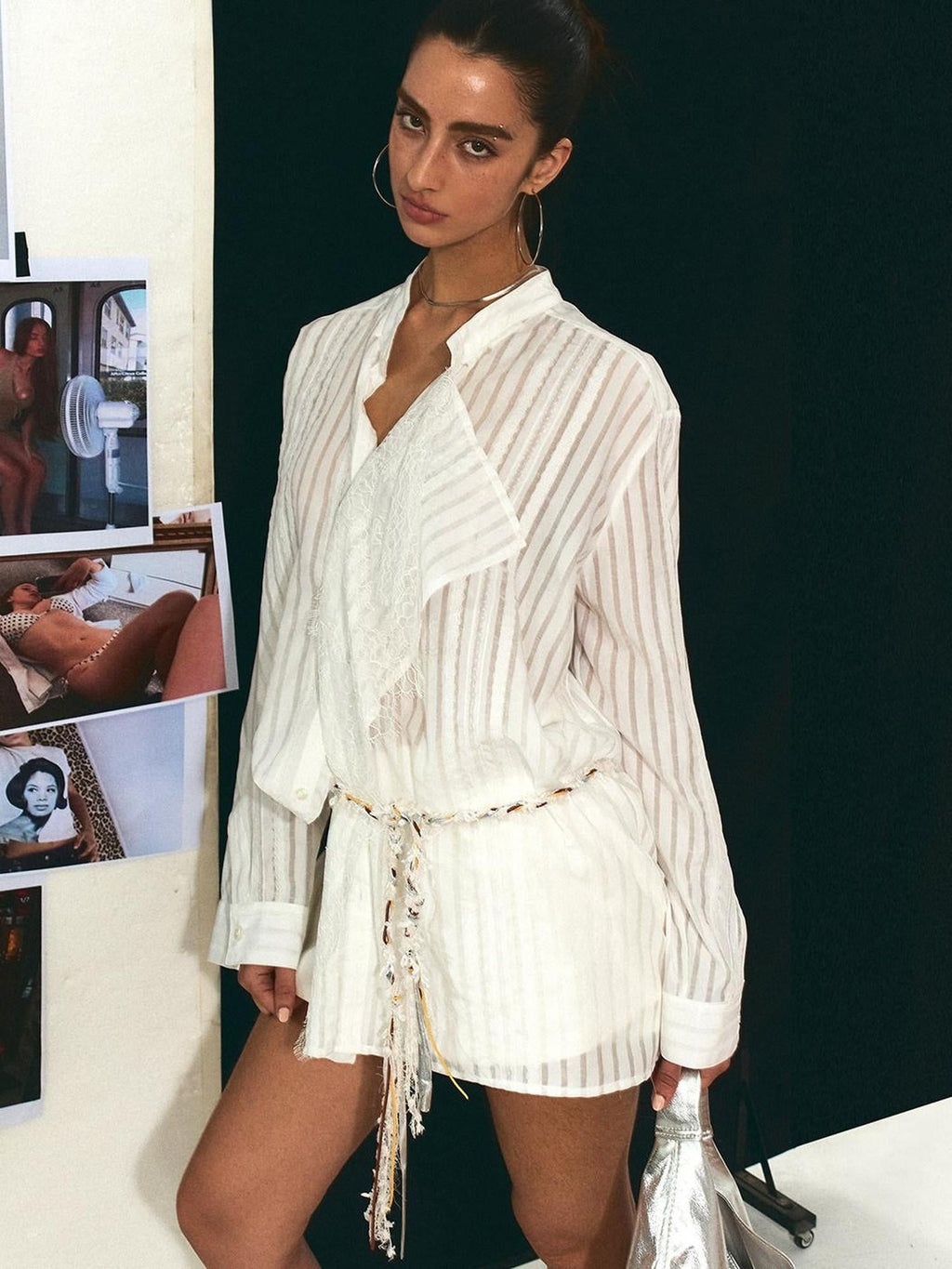Breathable French Slim Button Stripe Open Cardigan Waist Tie Women Shirts