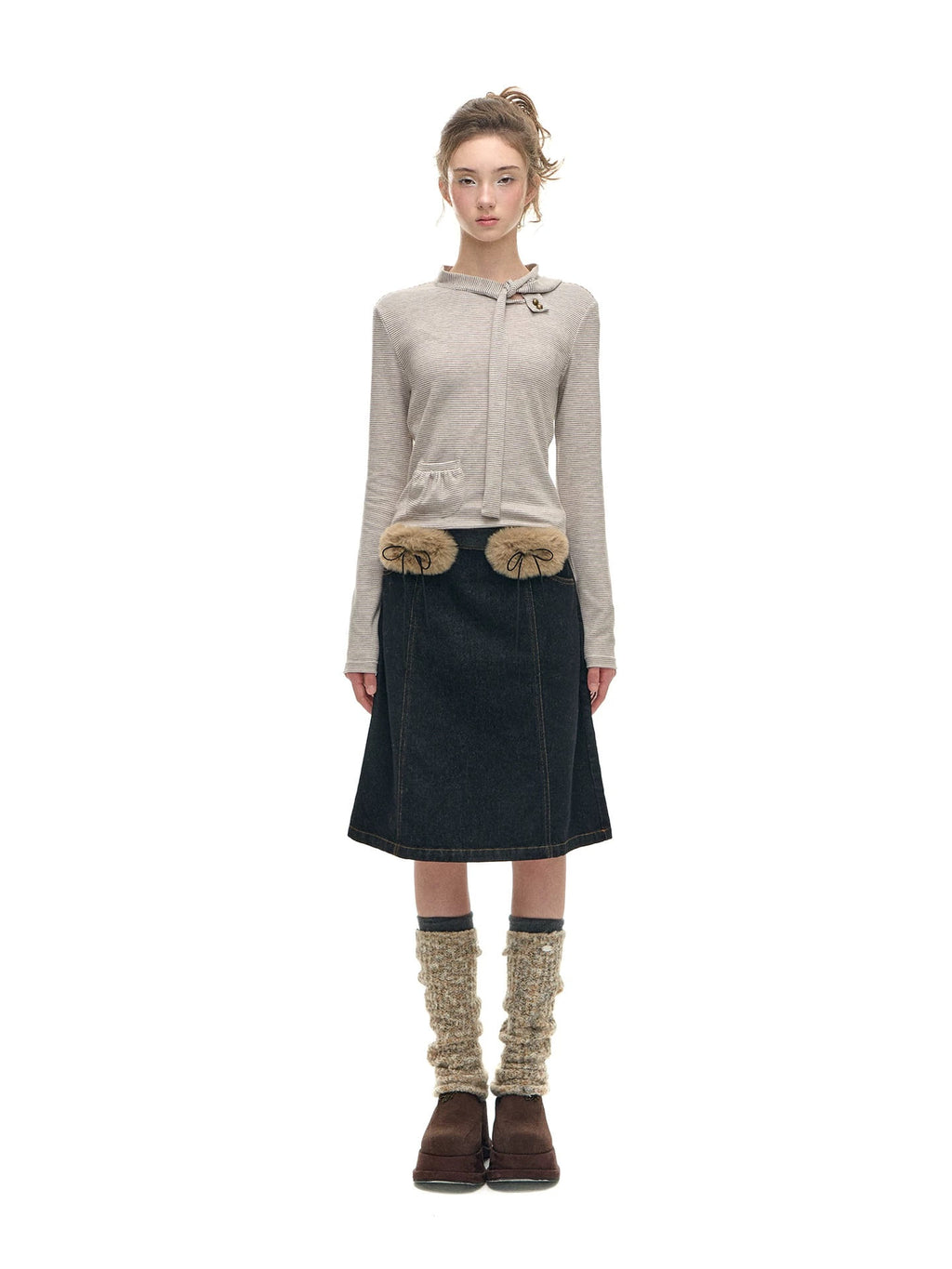 Romance Nanci Faux Fur Belt A-Line Denim Skirt