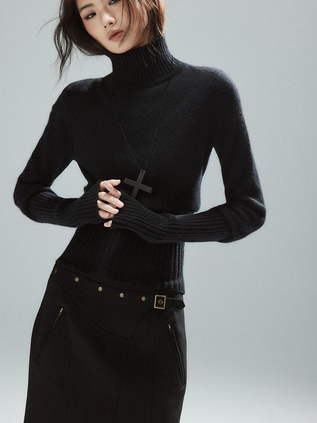 Soft Viscose Wool Blend Street Slim Patchwork Women High Neck Knit Sweaters