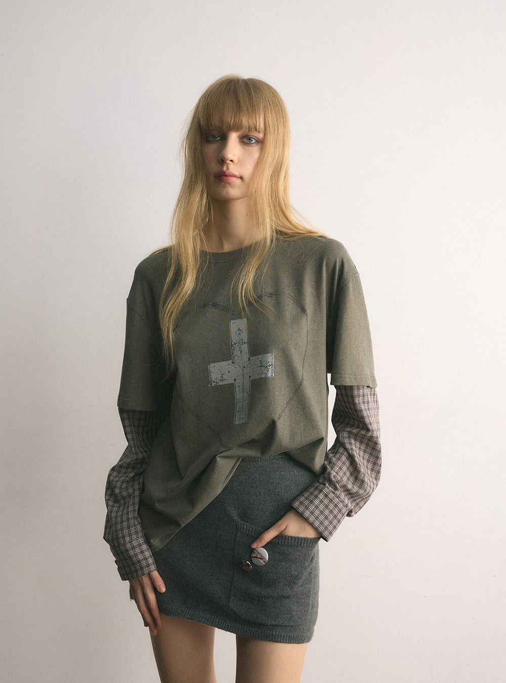 Khaki Faded Cross Layered Top
