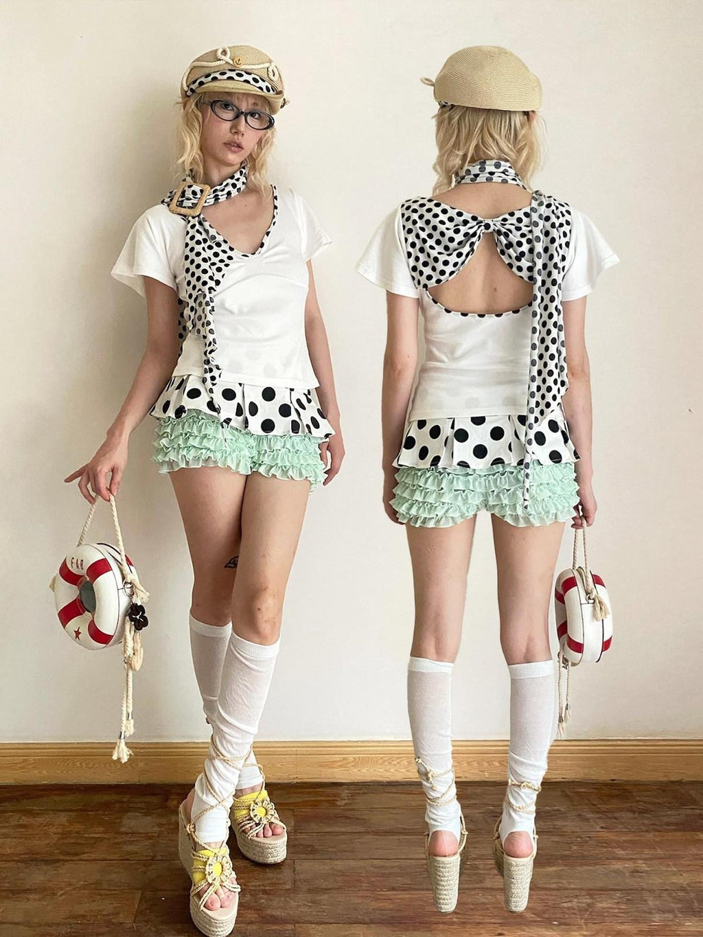 Bow Detail Slim V-neck Cotton Polka Dot Commuter Women Basic Crop Tops