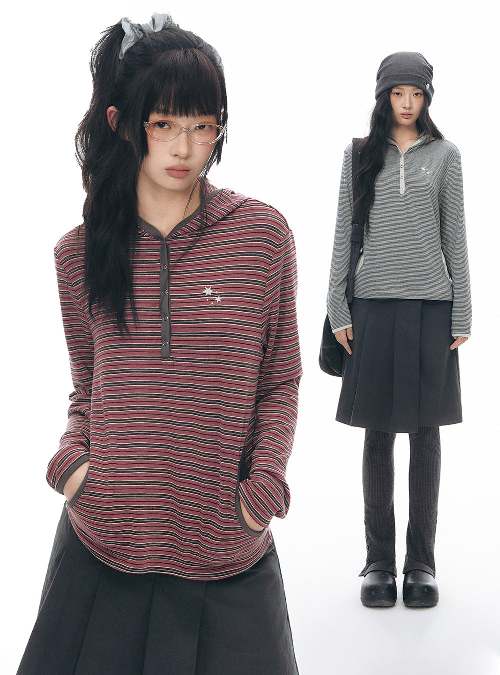 Contrast Stripe Hooded Top (2color)