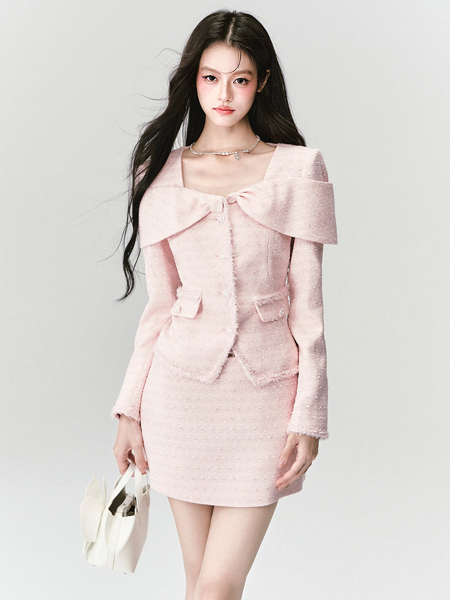 Bow Motif Fitted Tweed Top And Skirt