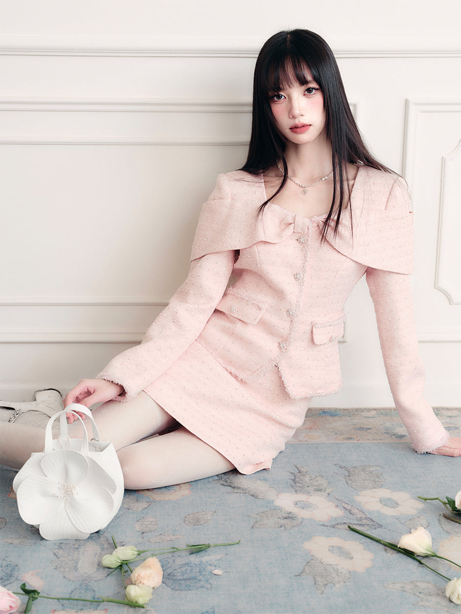 Bow Motif Fitted Tweed Top And Skirt