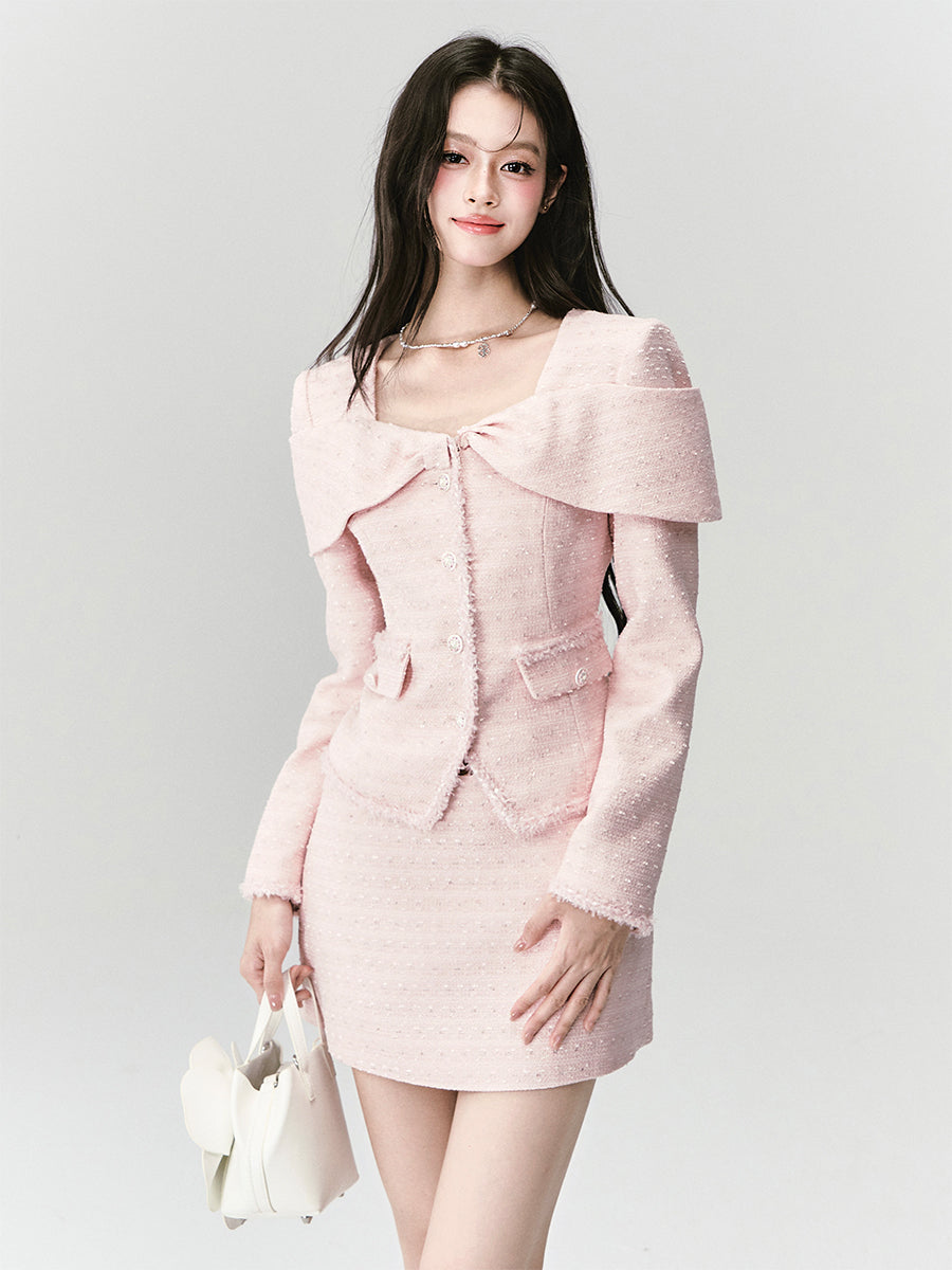 Bow Motif Fitted Tweed Top And Skirt