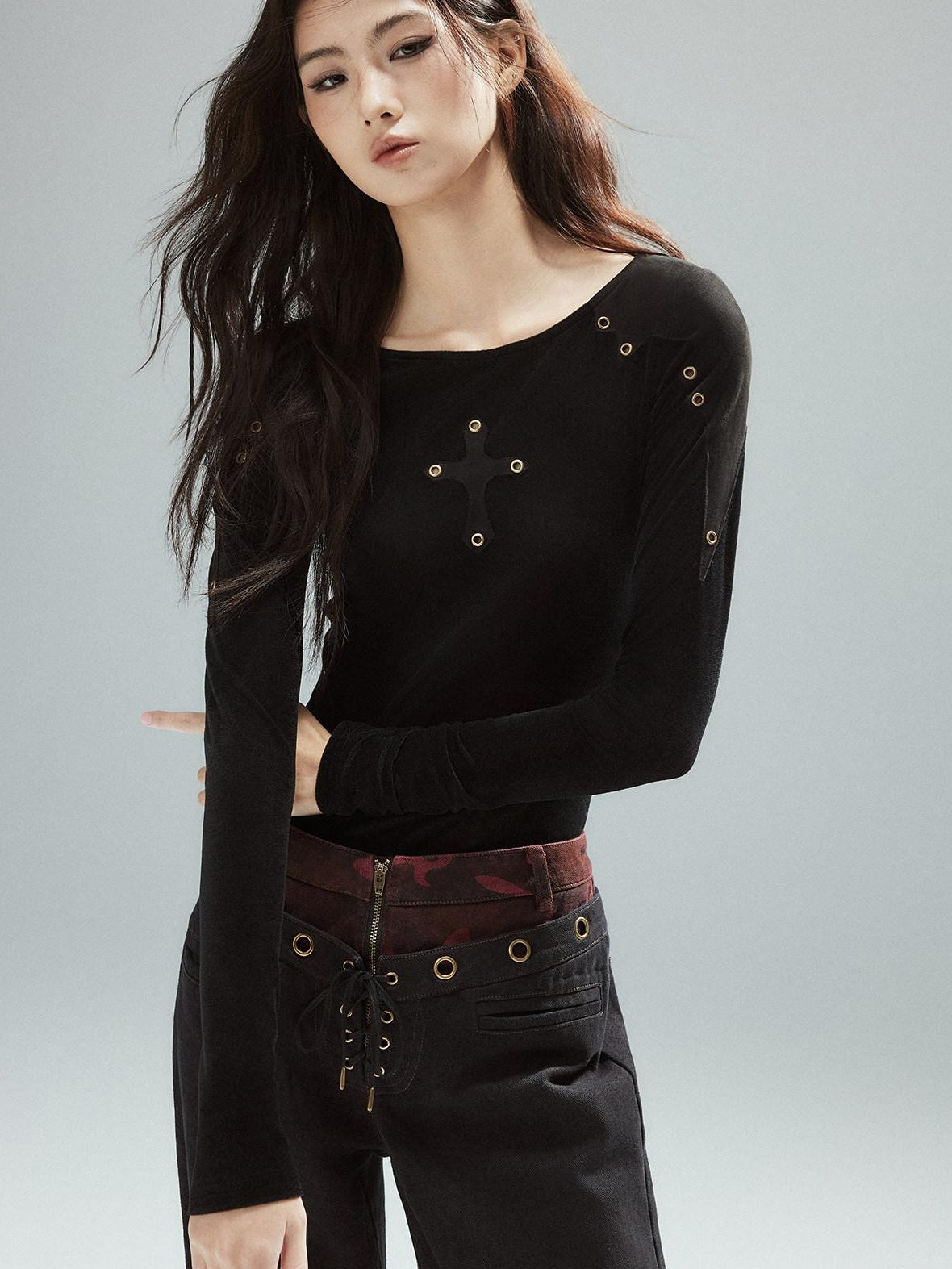 Slim Fit Patchwork Casual Crewneck Black Stretch Young Women Long Sleeve T-Shirts