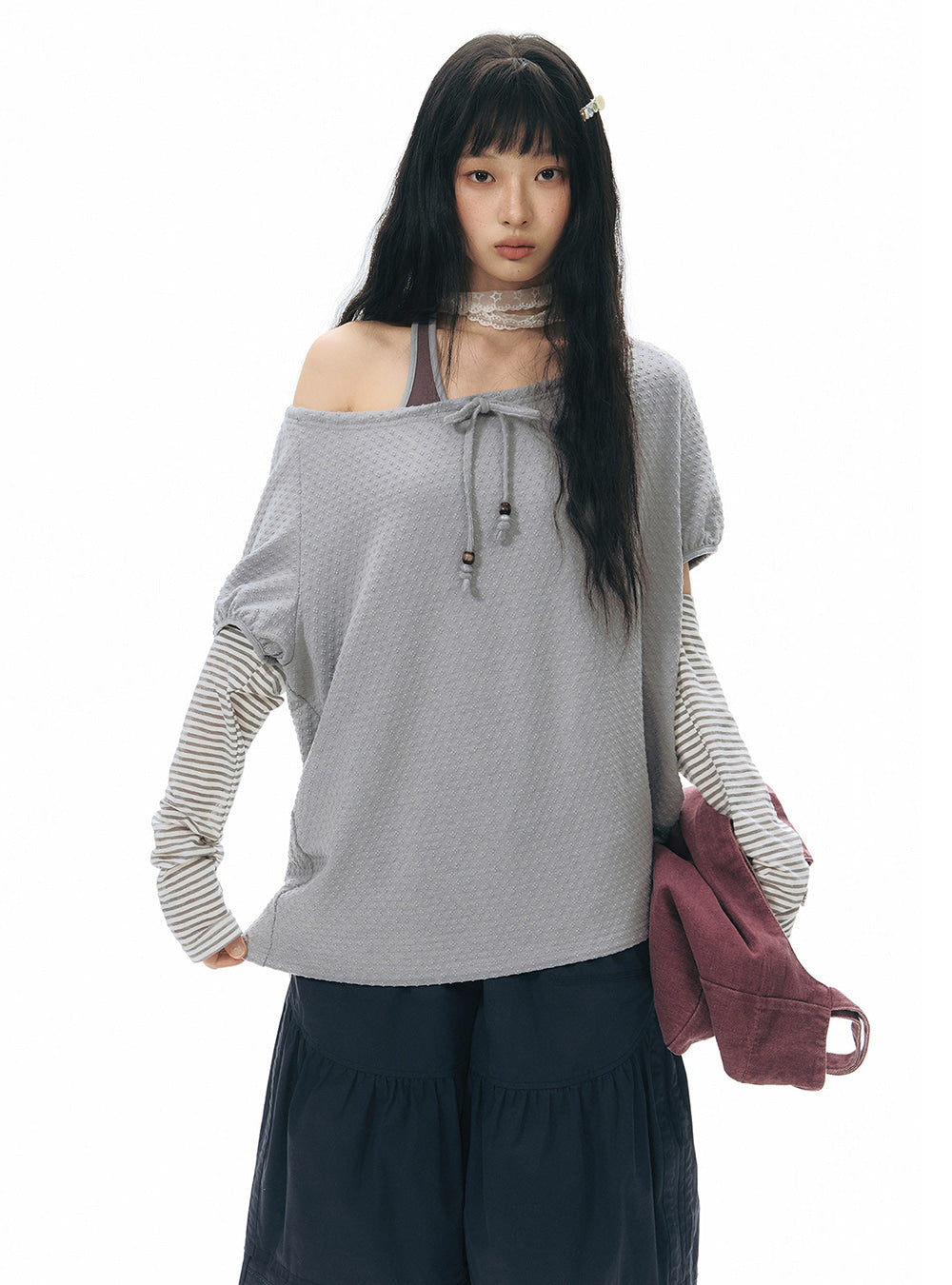 Layered Stripe Sleeve String Top (2color)