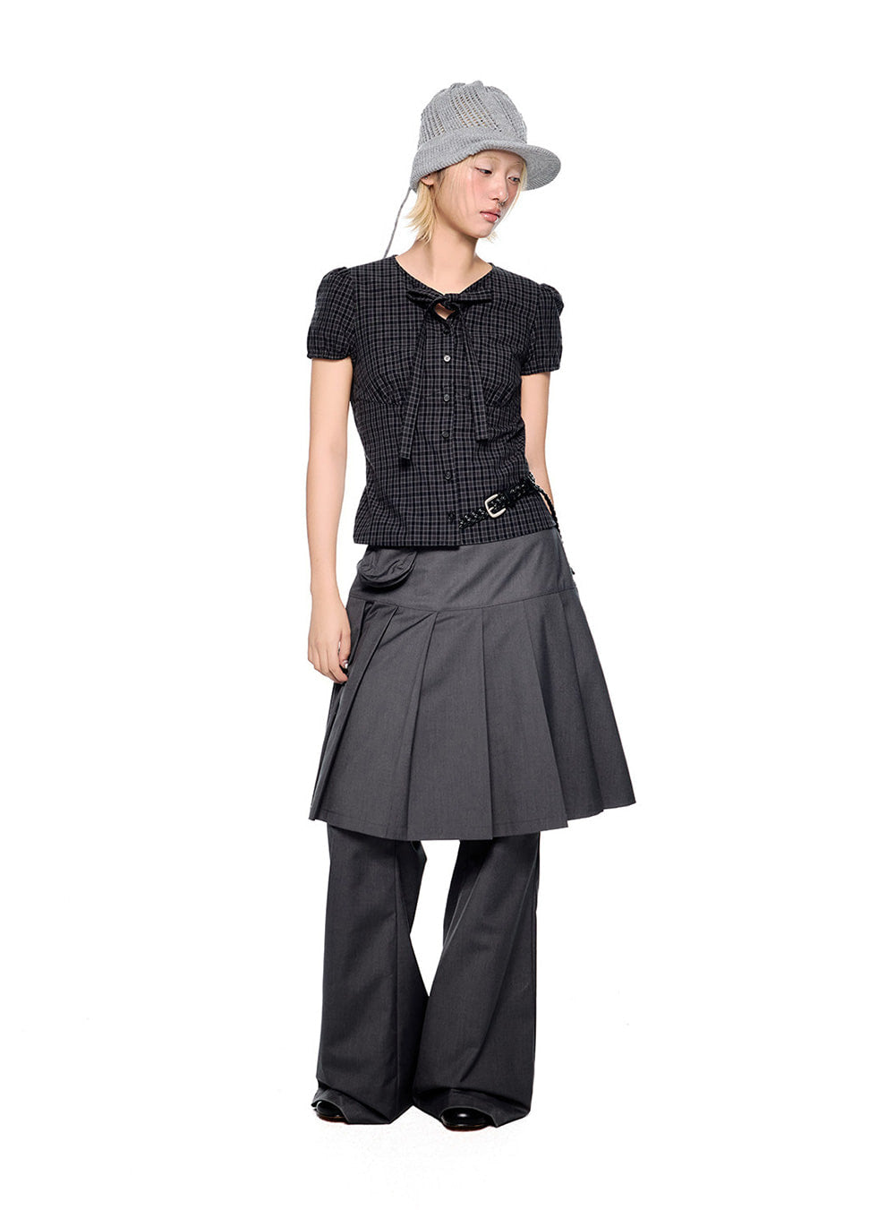 Ribbon Check Puff Blouse Top
