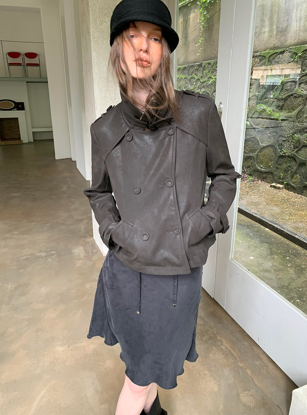 Dark Brown Double Button PU Jacket