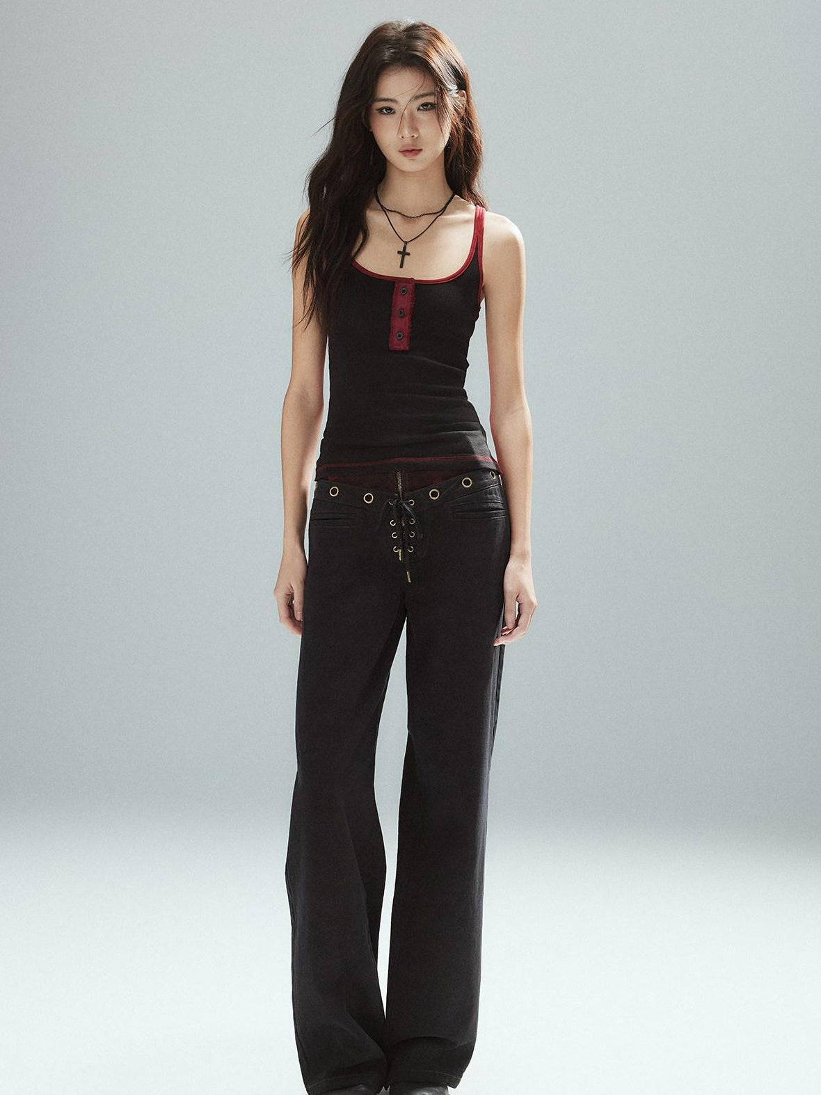 Pure Cotton Patchwork Low Waist Street Zipper Women Colorblock Straight Pants