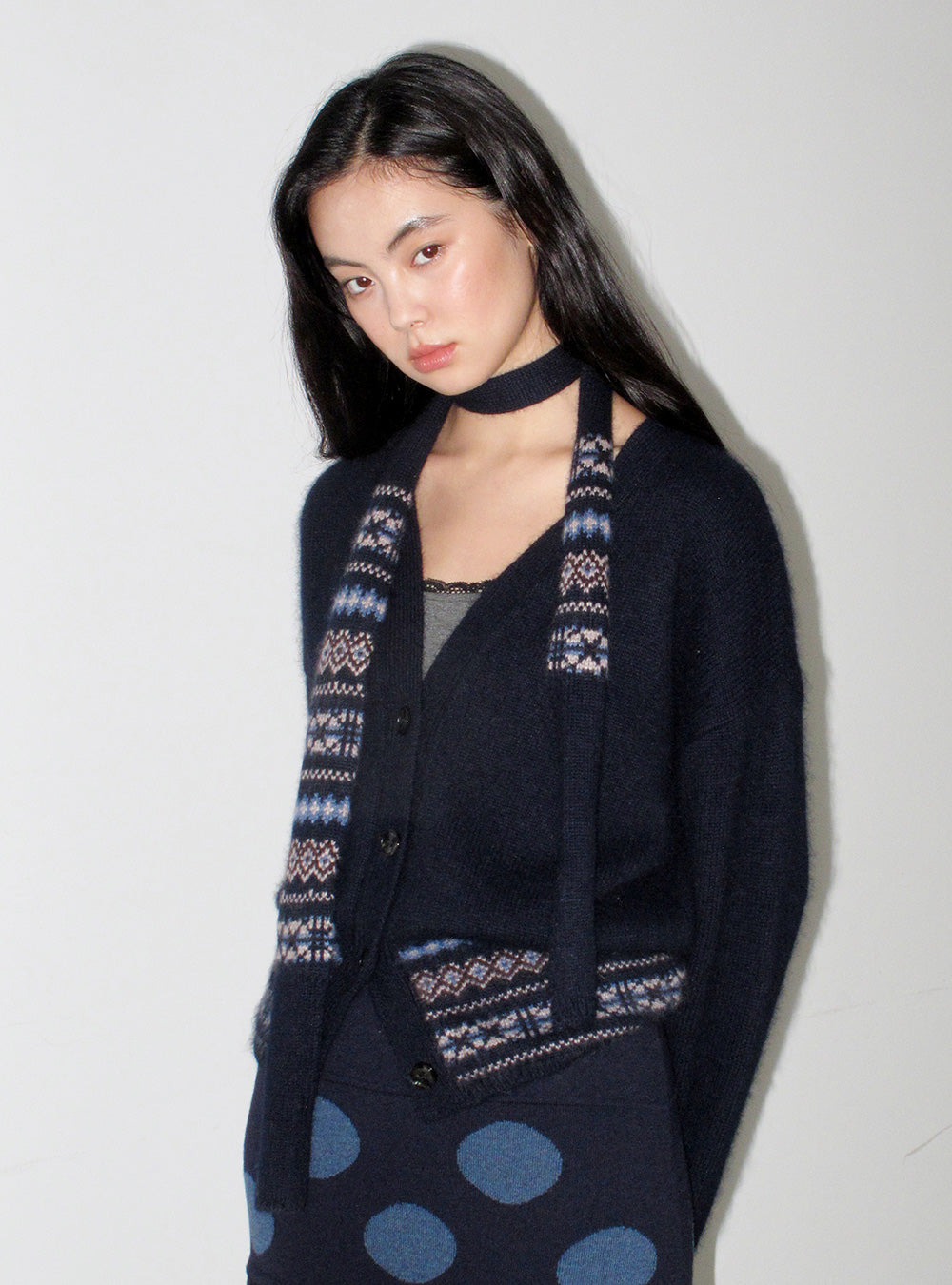 Navy Diamond Knit Open Cardigan