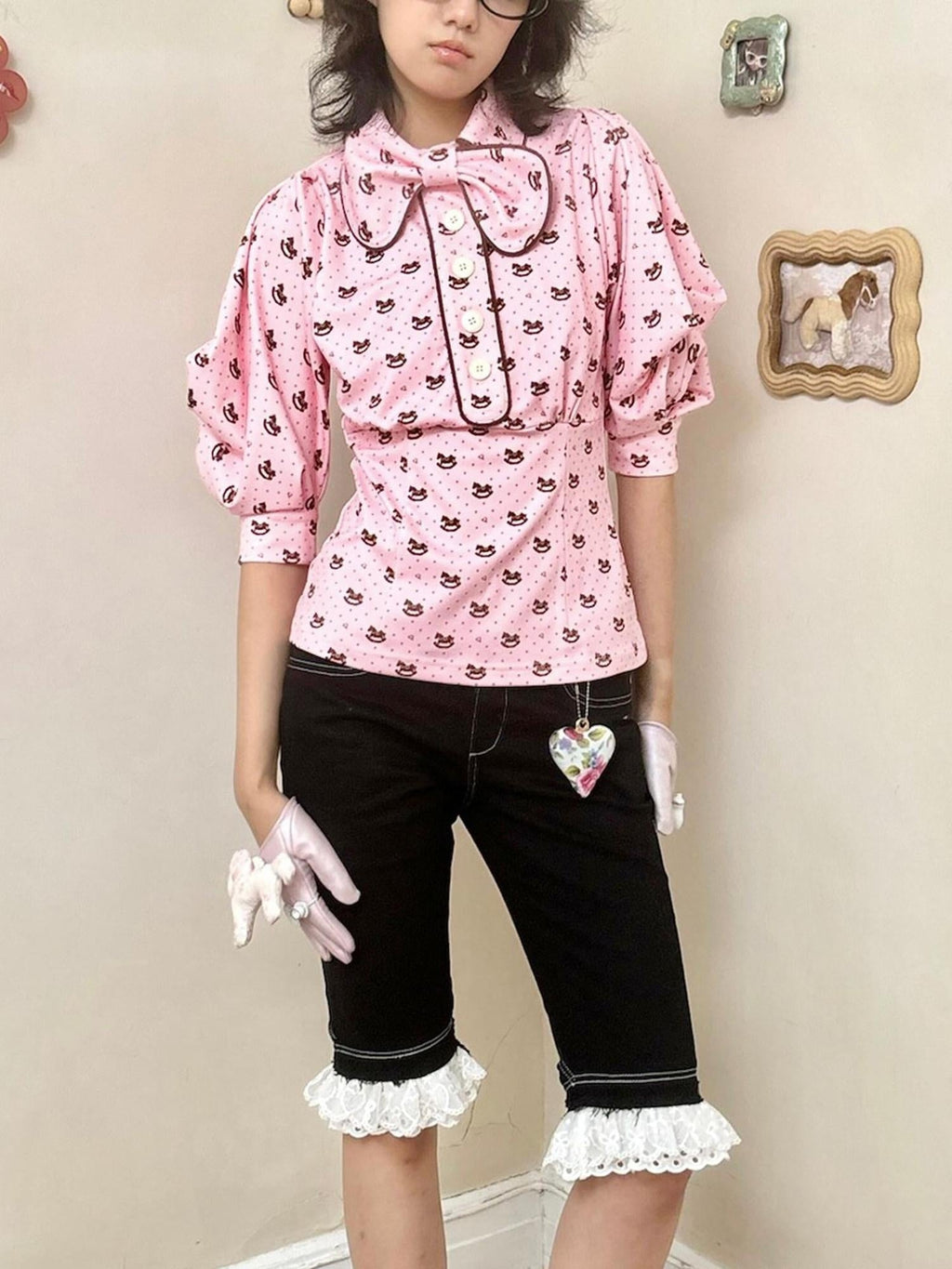 Cute Deer Print Double Layer Denim Casual Natural Waist Girls Mid-Length Shorts