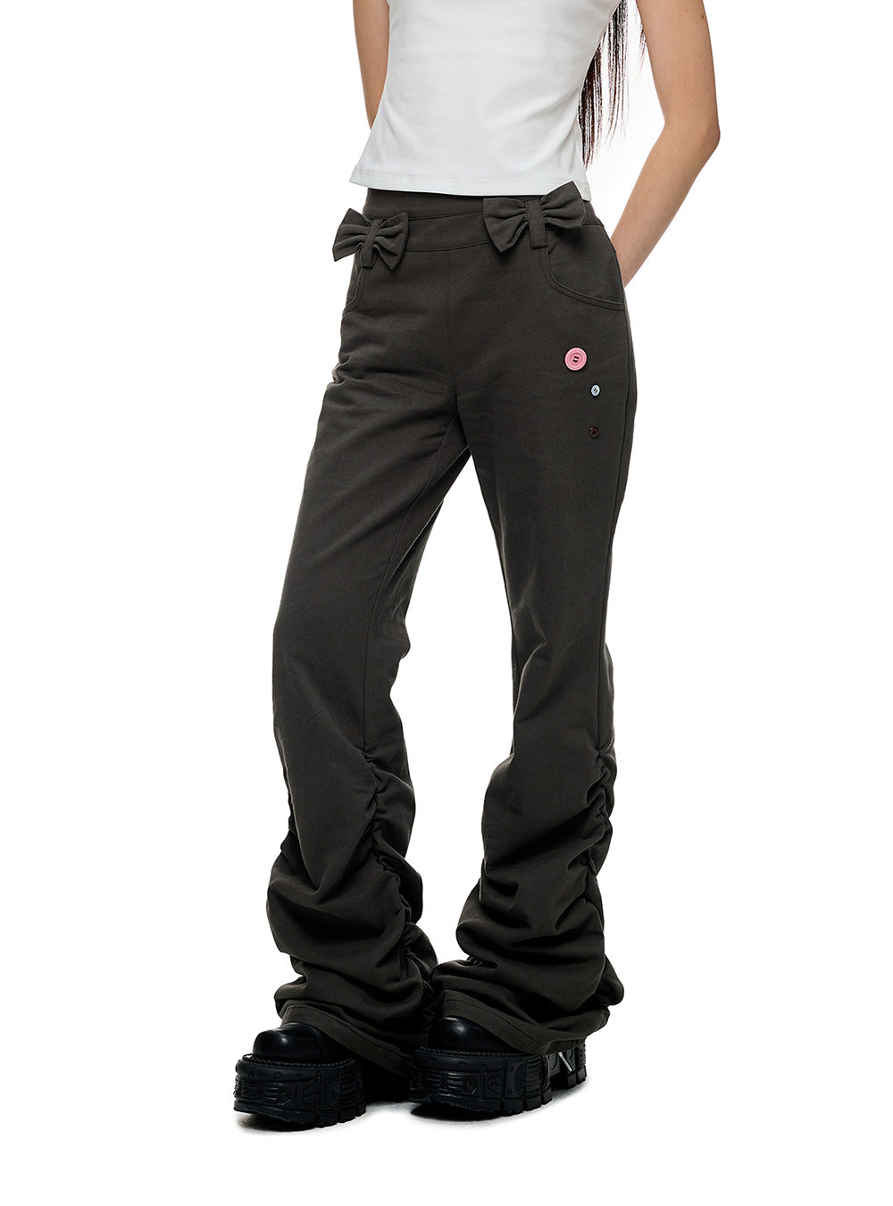 Ribbon Point Flare Shirred Pants