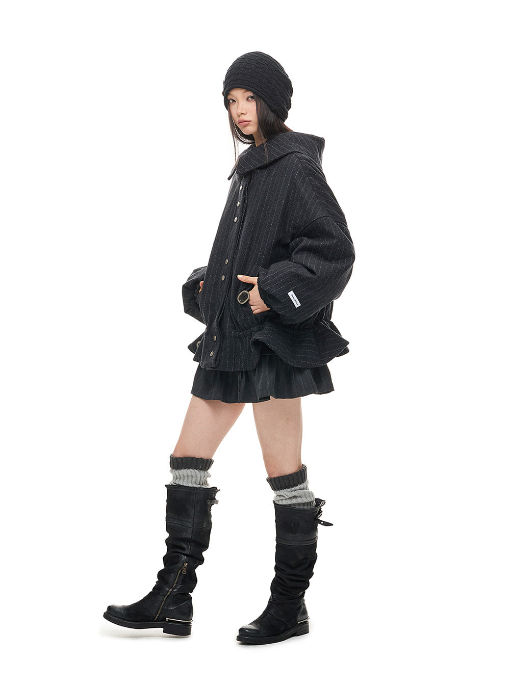 Dark Gray Lace Trim Hem Cotton Jacket