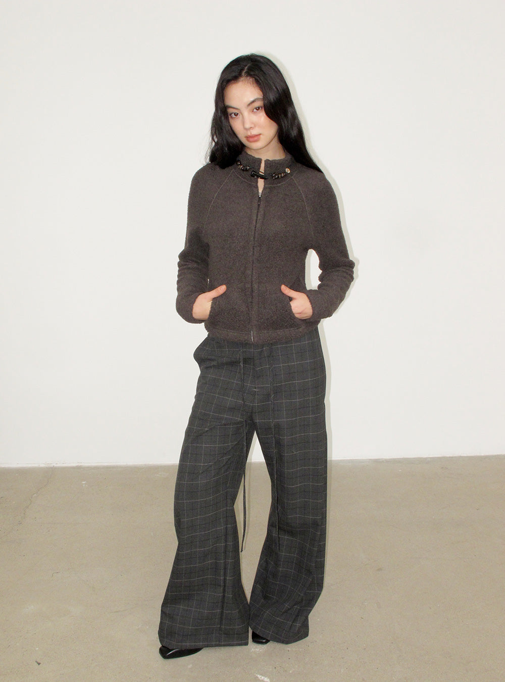 Dark Grey Check Side-Slit Wide Pants