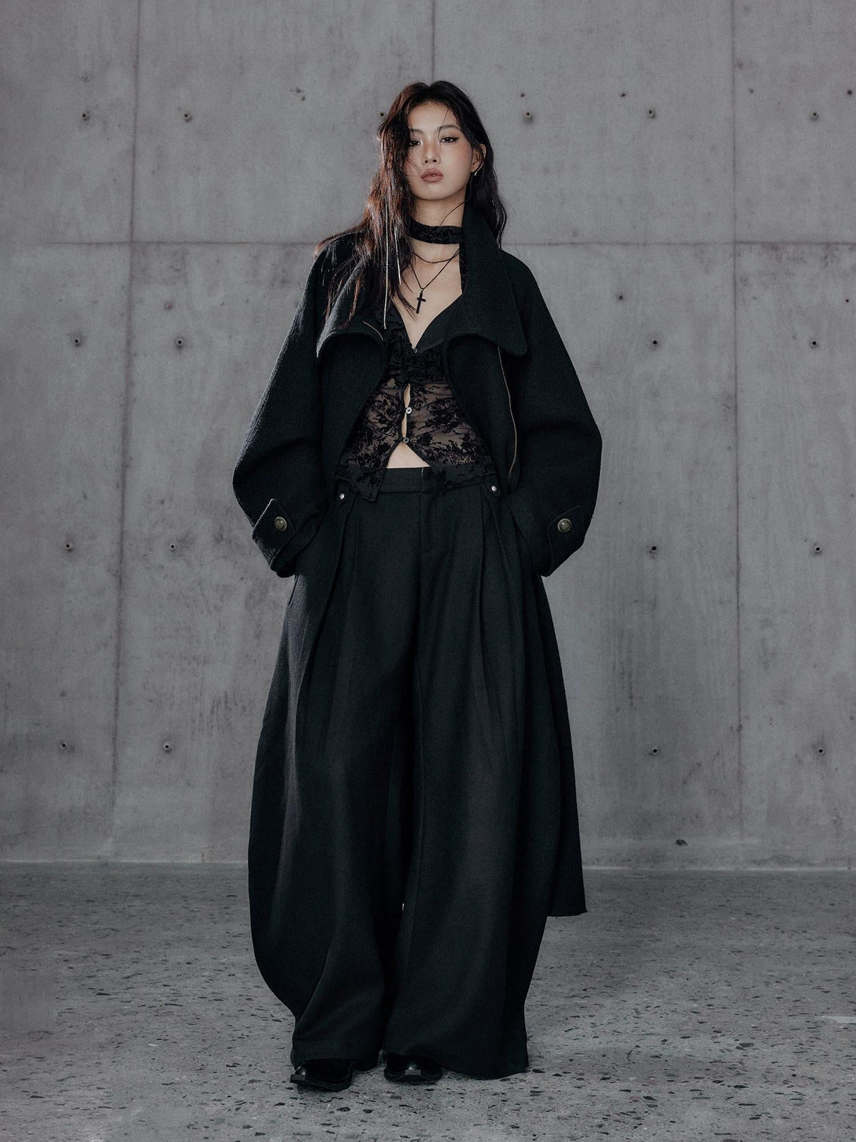 Black Wool Blend Low Rise Zipper Casual Straight Hem Women Wide Leg Pants
