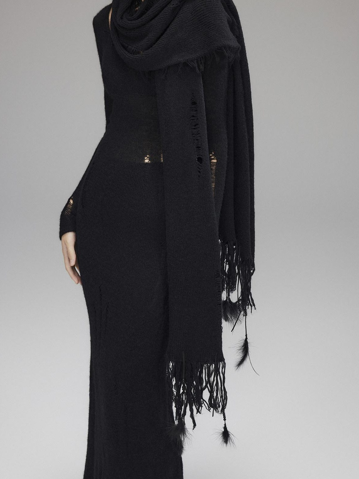 Waist Defining Wool Knit Tassel Casual Long Sleeve Round Neck Black Maxi Dresses