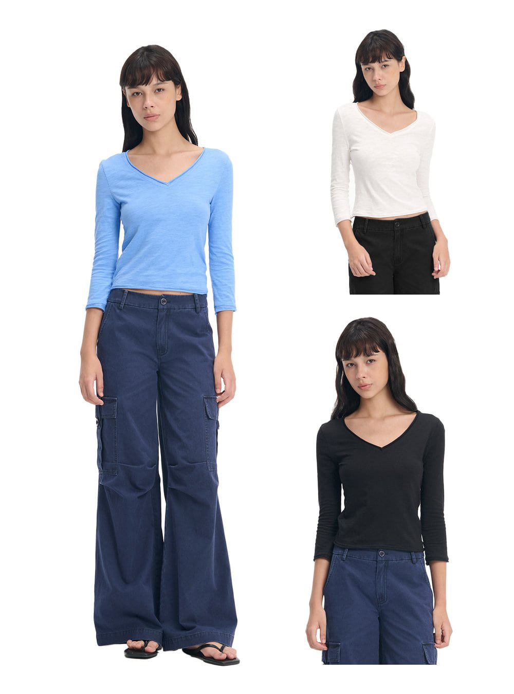 Slub Roll-Up V Neck Top (3color)