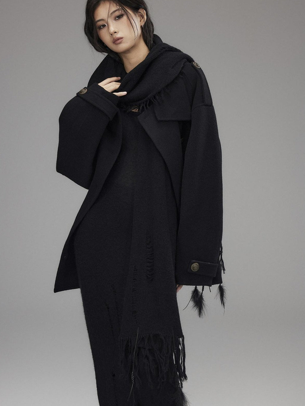Waist Defining Wool Knit Tassel Casual Long Sleeve Round Neck Black Maxi Dresses