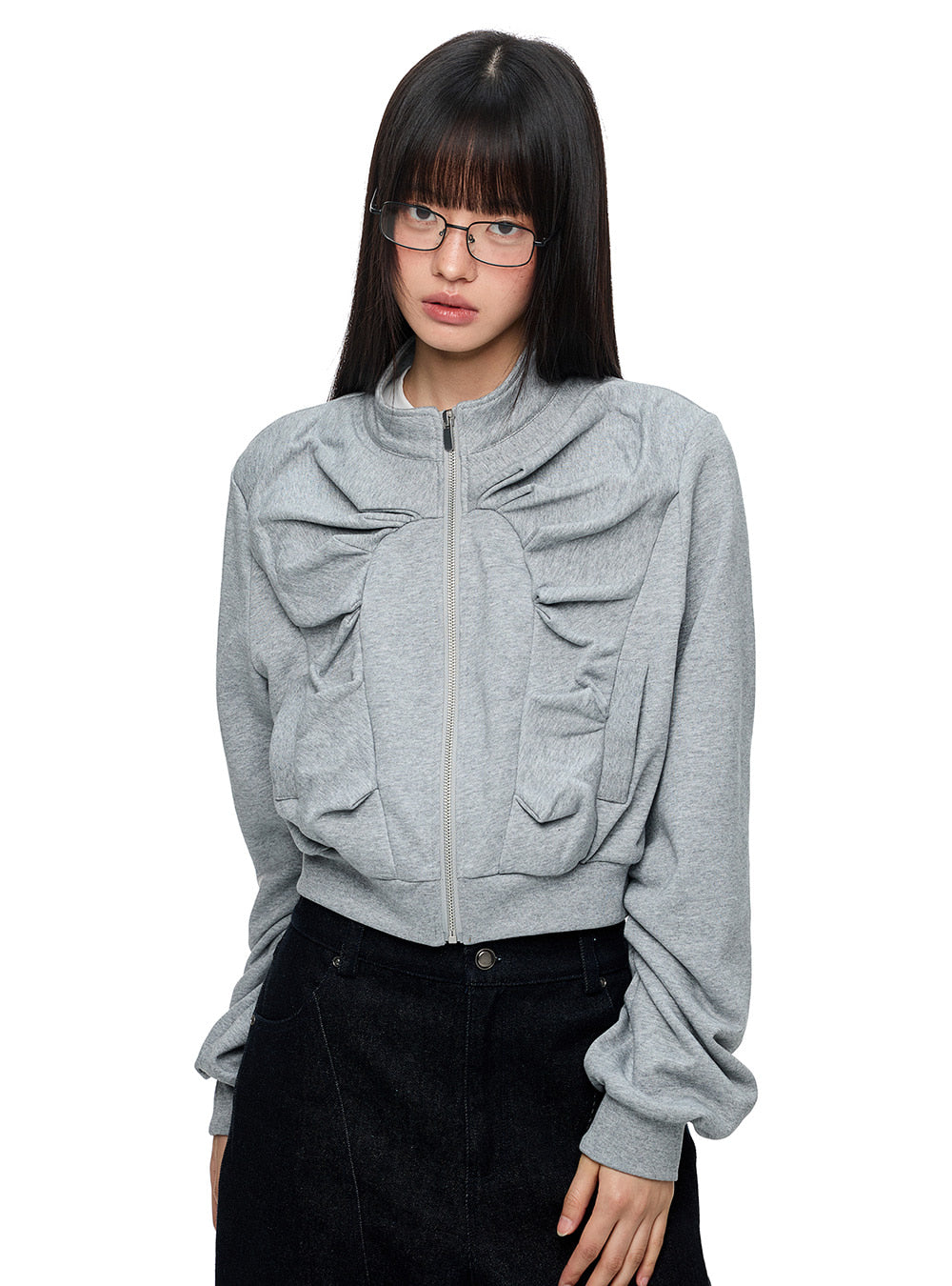 Asymmetrical Shirred Zip-Up Sweatshirt