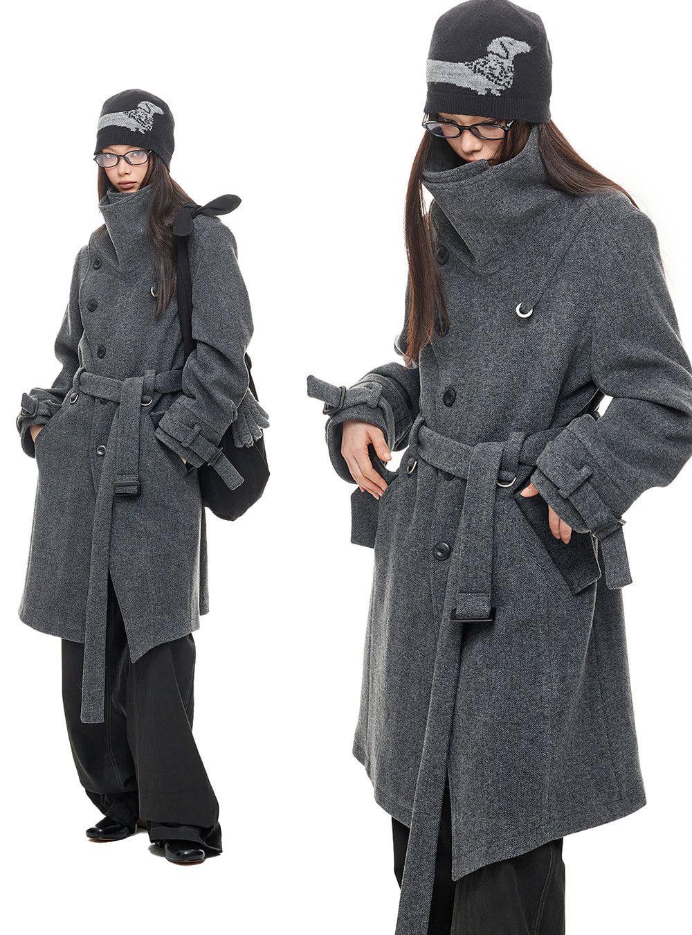 Gray Asymmetric Stand Collar Wool Coat
