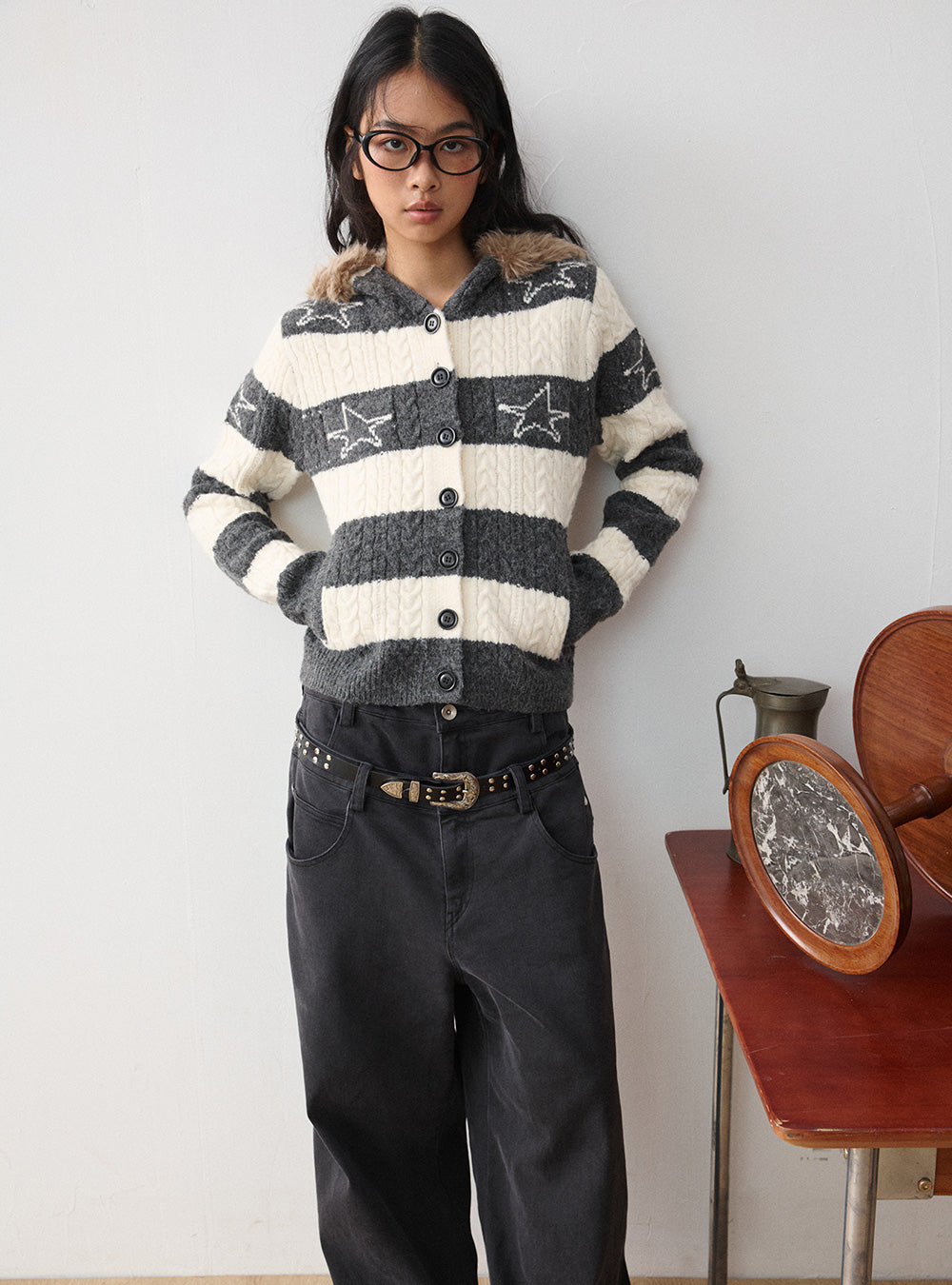 Star Pattern Striped Fur Hooded Cardigan