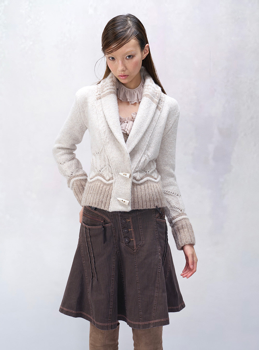Ivory Openwork Jacquard Knit Coat