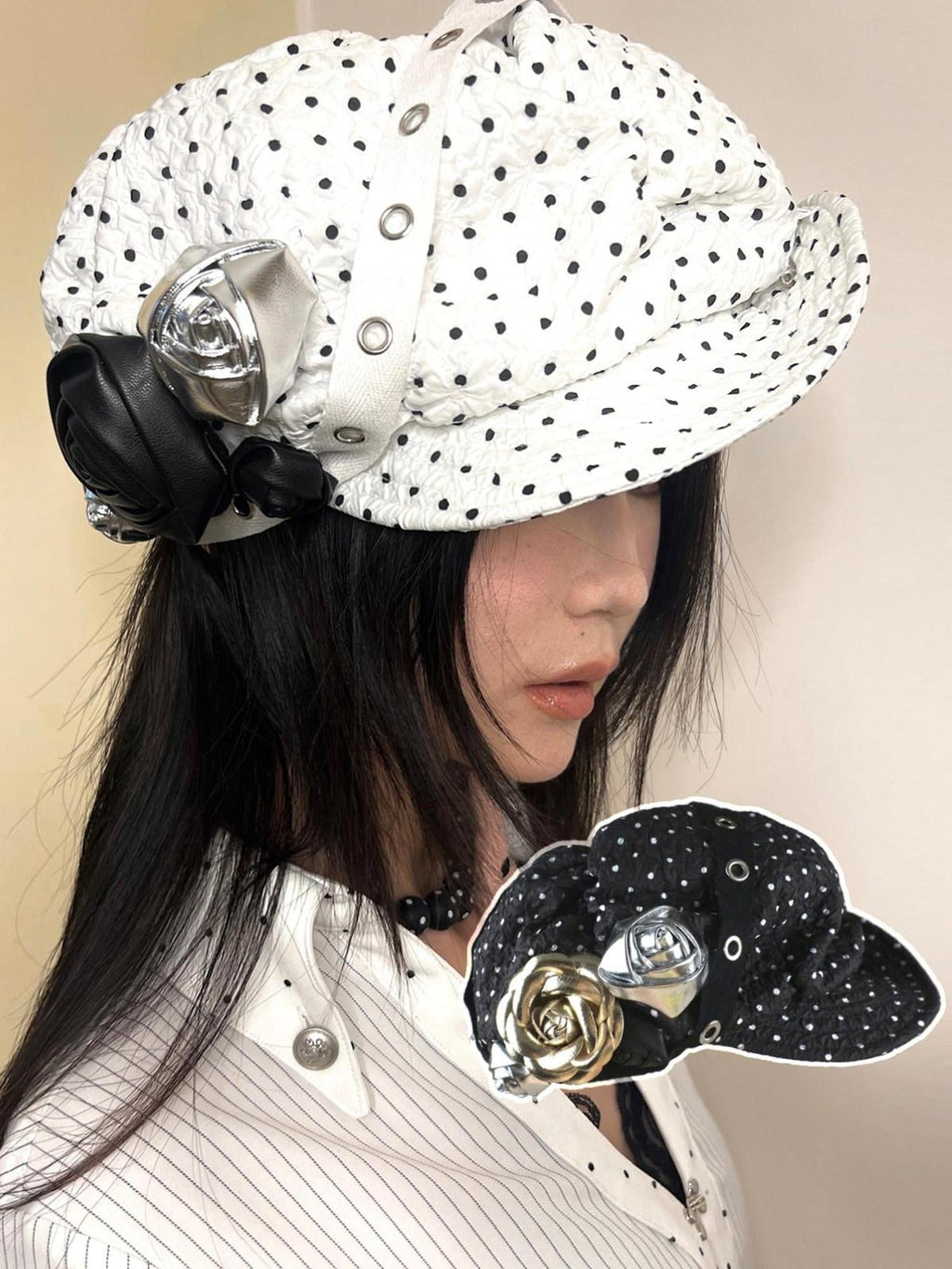 Handmade Bow Casual Short Brim Polka Dot Beret Women White Size M 56 Cm Hats