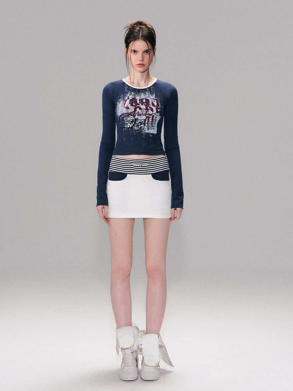 Contrast Printed Cotton Mid Waist Straight Bodycon Women White Mini Skirts