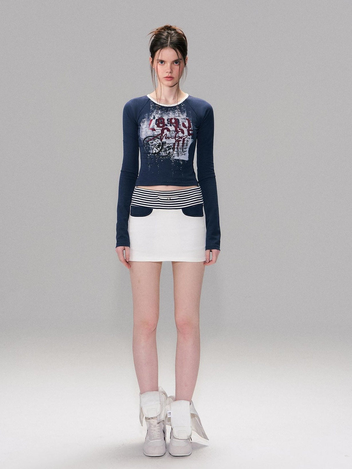 Contrast Printed Cotton Mid Waist Straight Bodycon Women White Mini Skirts