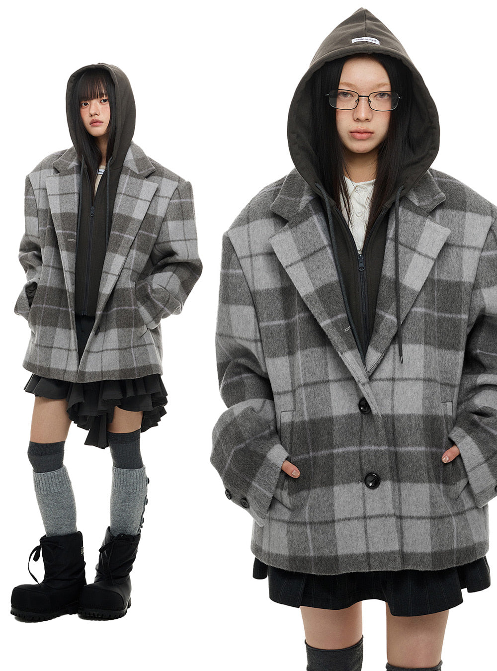 Plaid Detachable Hood Jacket