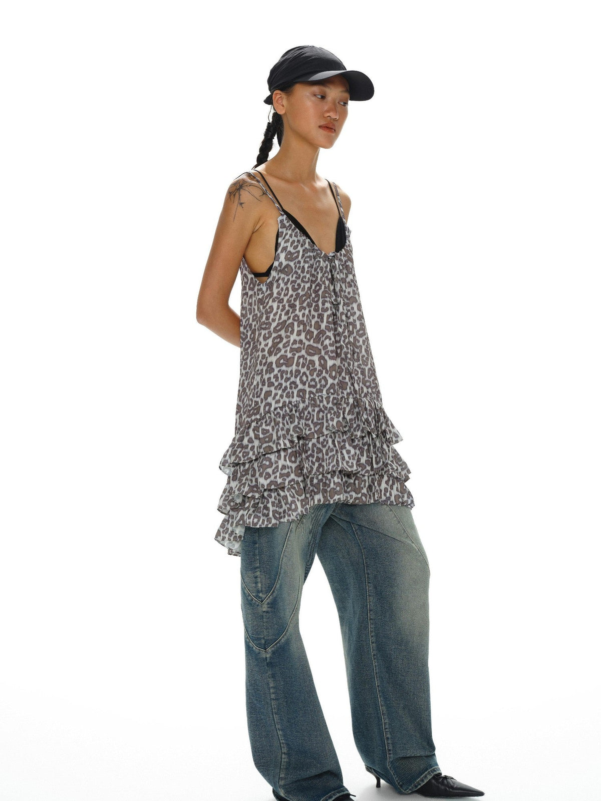Leopard Print Ruffle Hem Adjustable Straps Women'S Polyester Slip Midi Dresses