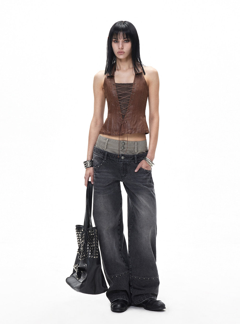 Stud Washed Wide Denim Pants