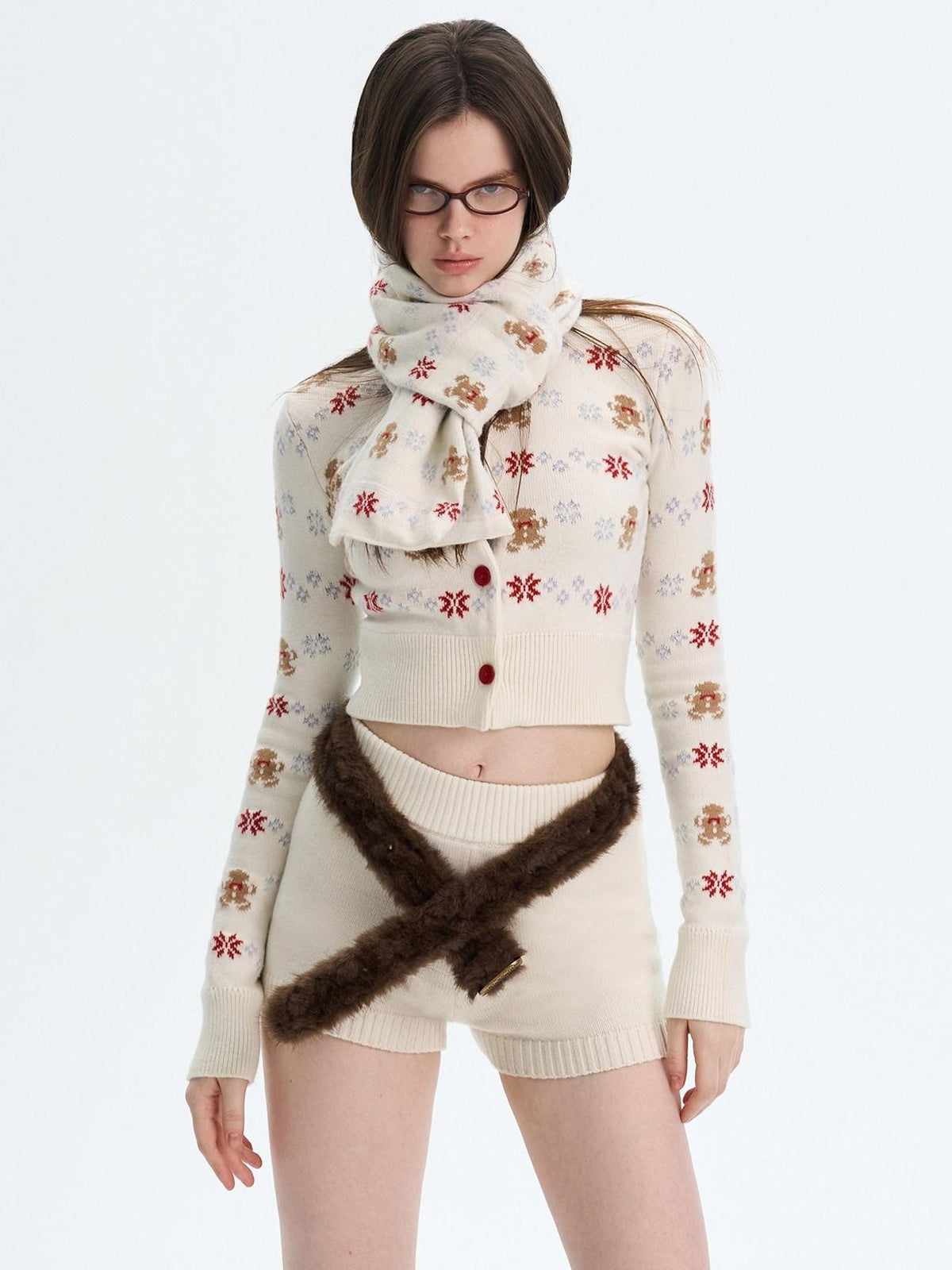 Cashmere Blend Bear Jacquard Cute Slim Cropped Crewneck Knitwear Cardigans