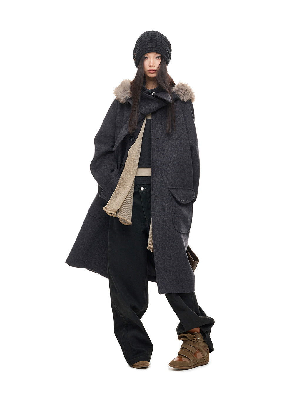 Detachable Fur Hood Mid-Length Wool Coat