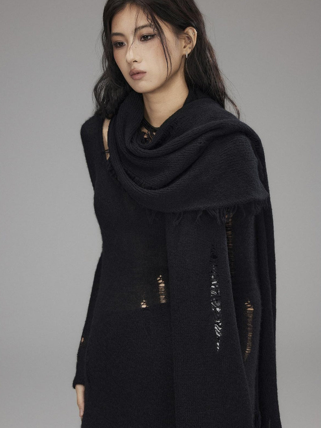 Waist Defining Wool Knit Tassel Casual Long Sleeve Round Neck Black Maxi Dresses