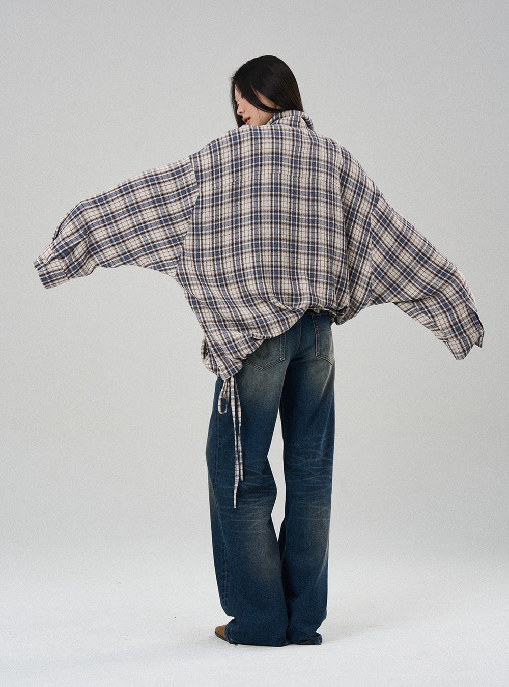 Drawstring Check Oversized Shirt