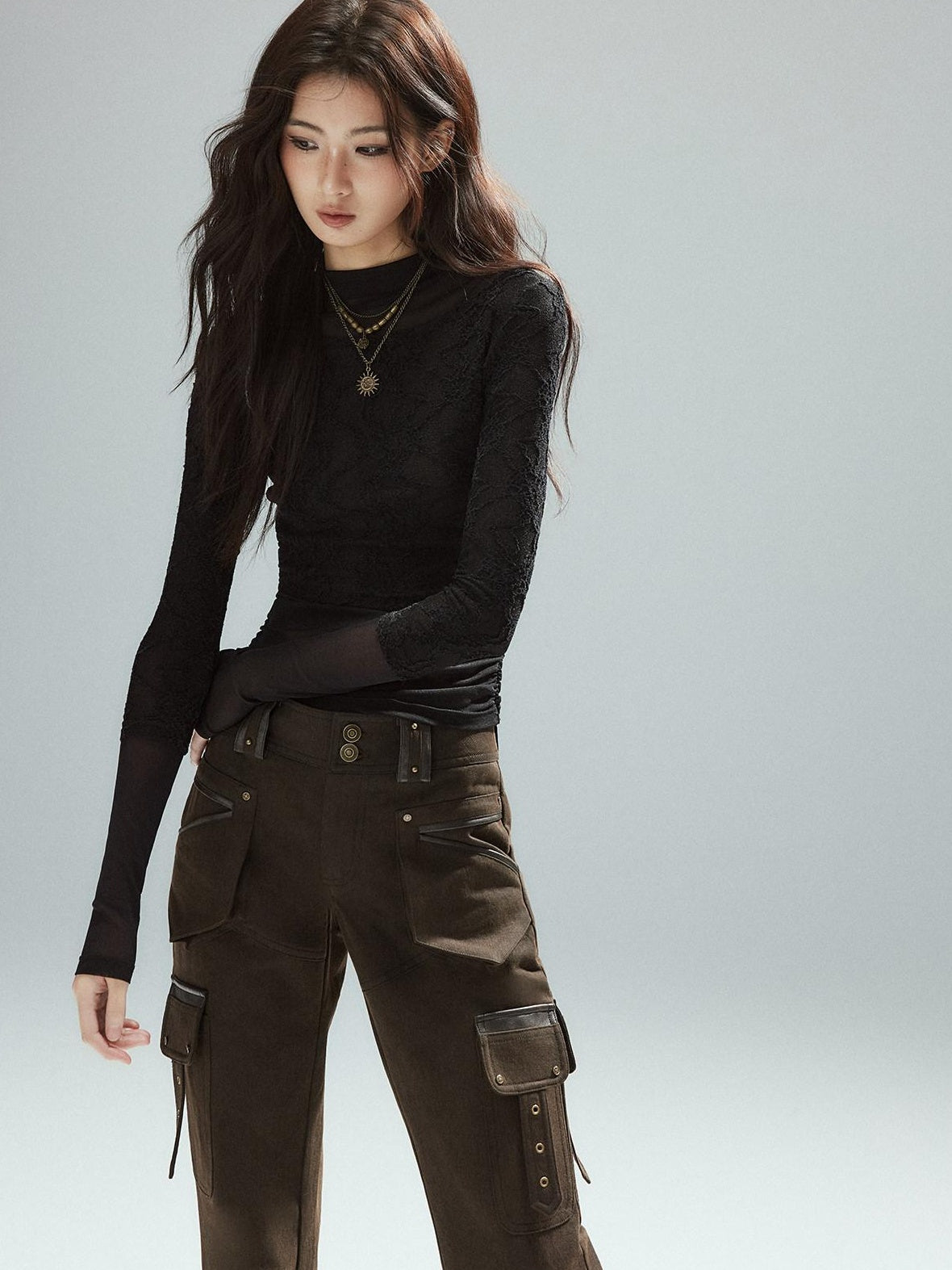 Slim Low Rise Cotton Flare Street Style Zipper Brown Women Cargo Pants