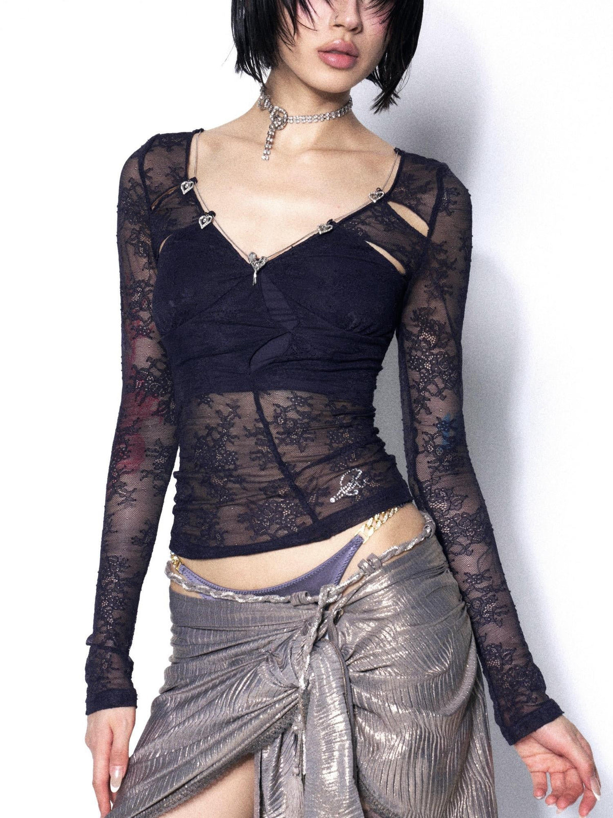 Dark Blue Purple Lace Cutout Heart Women'S Cotton Long Sleeve T-Shirts
