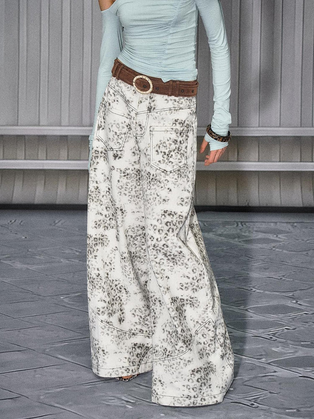 Leopard Cotton Zipper Natural Waist Loose Fit Sexy Women Wide Leg Jeans