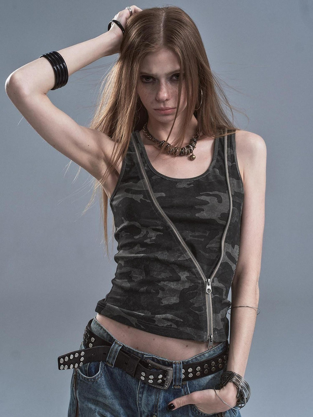 Printed Camo Black Diagonal Zip Two Way Cinched Waist Women'S Cotton Tank Tops