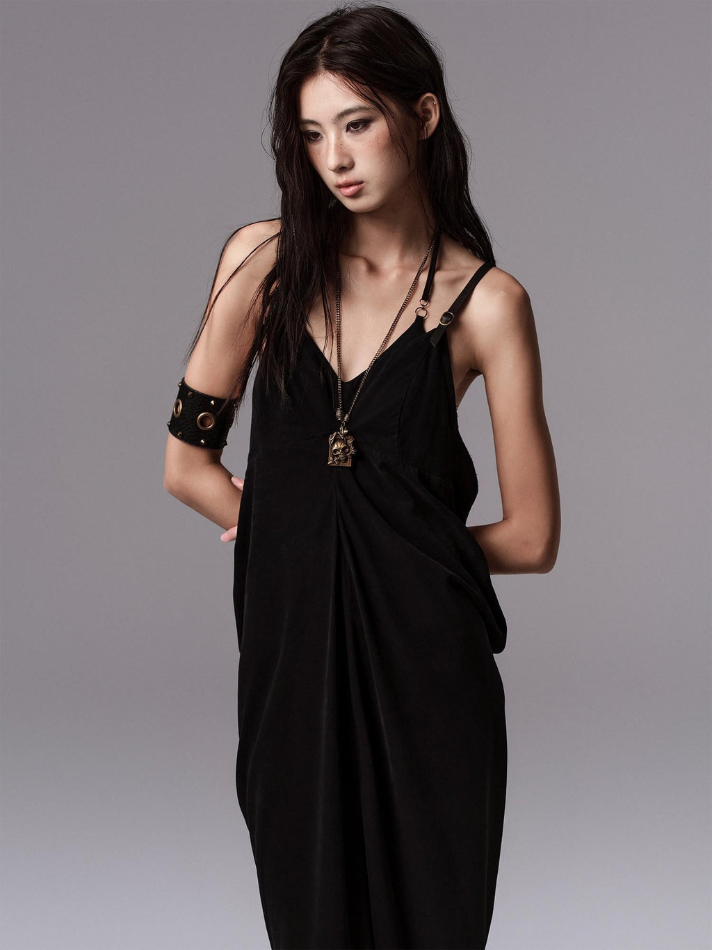 Pure Cupro Slim Fit Dark Gothic Vneck Camisole Women Black Zip Back Maxi Dresses