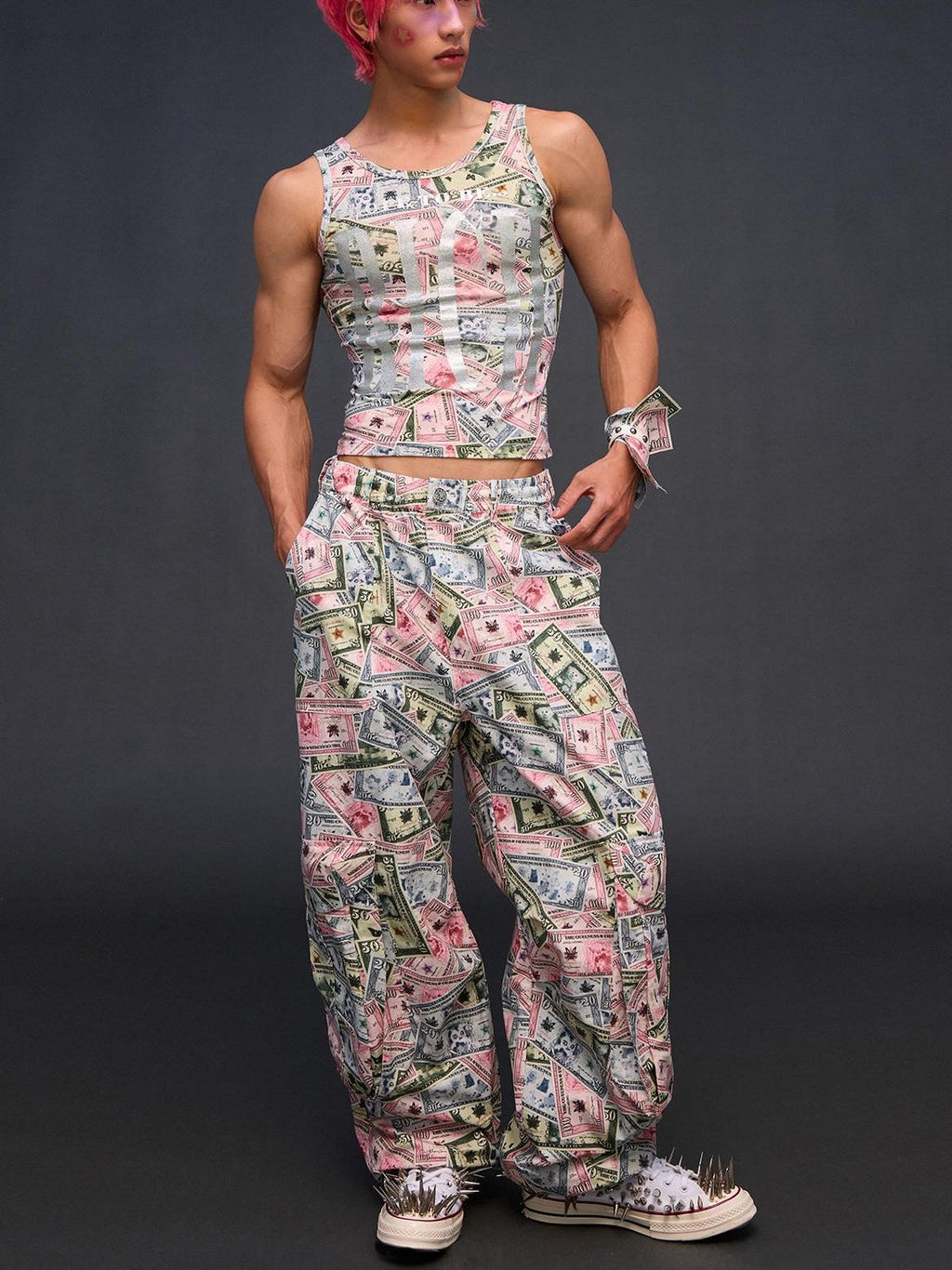Money Print Cargo Multi Pocket Women'S Cotton Wide-Leg Pants