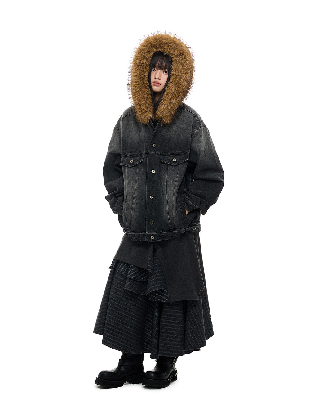 Faux Fur Hood Washed Denim Jacket